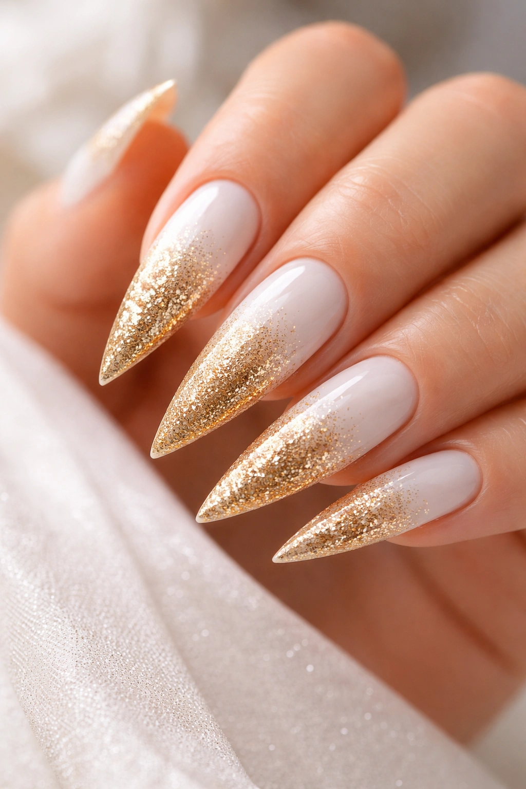 Stiletto nails white-to-gold glitter gradient close-up