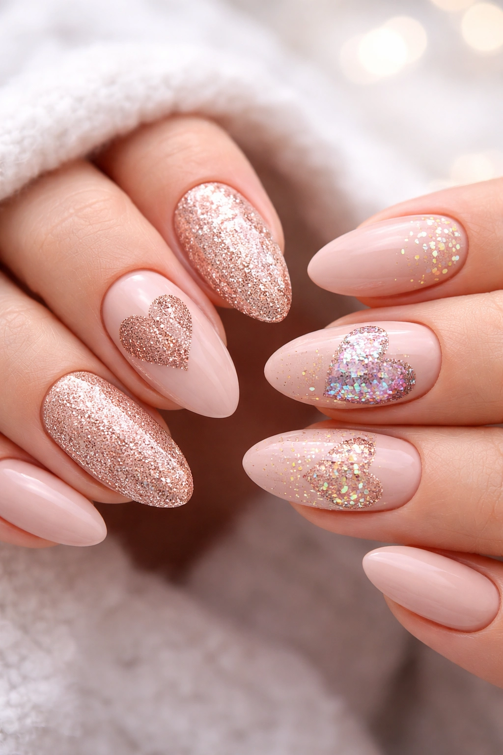 Nails with glitter heart accents on a nude base
