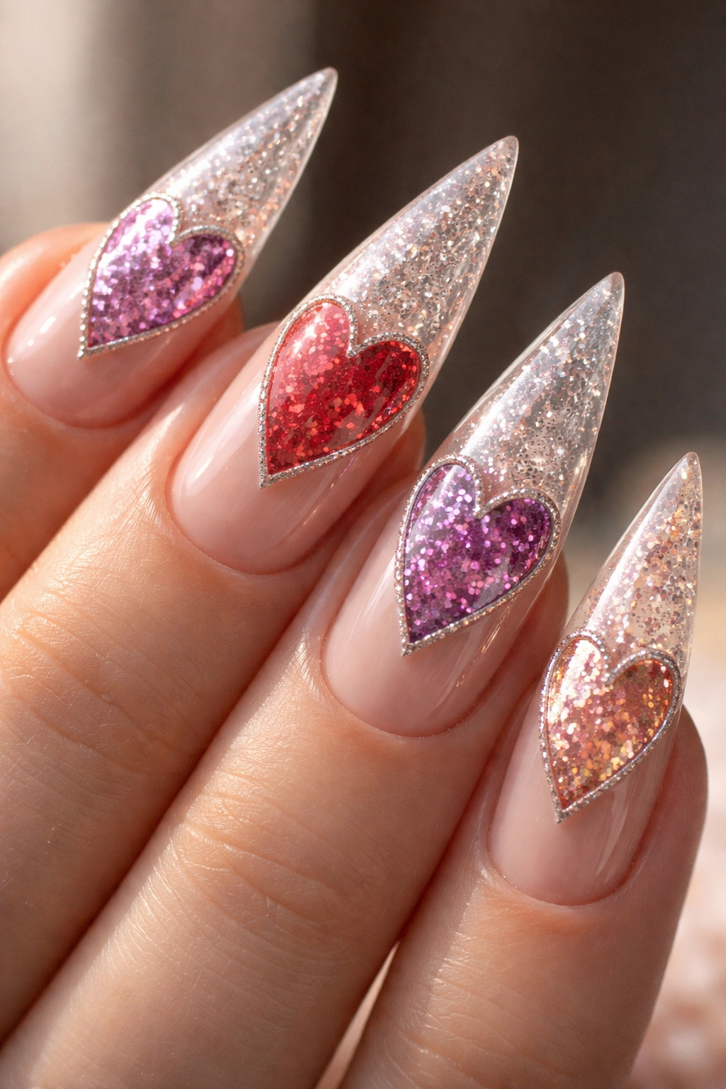 Glitter-filled heart design on stiletto nails