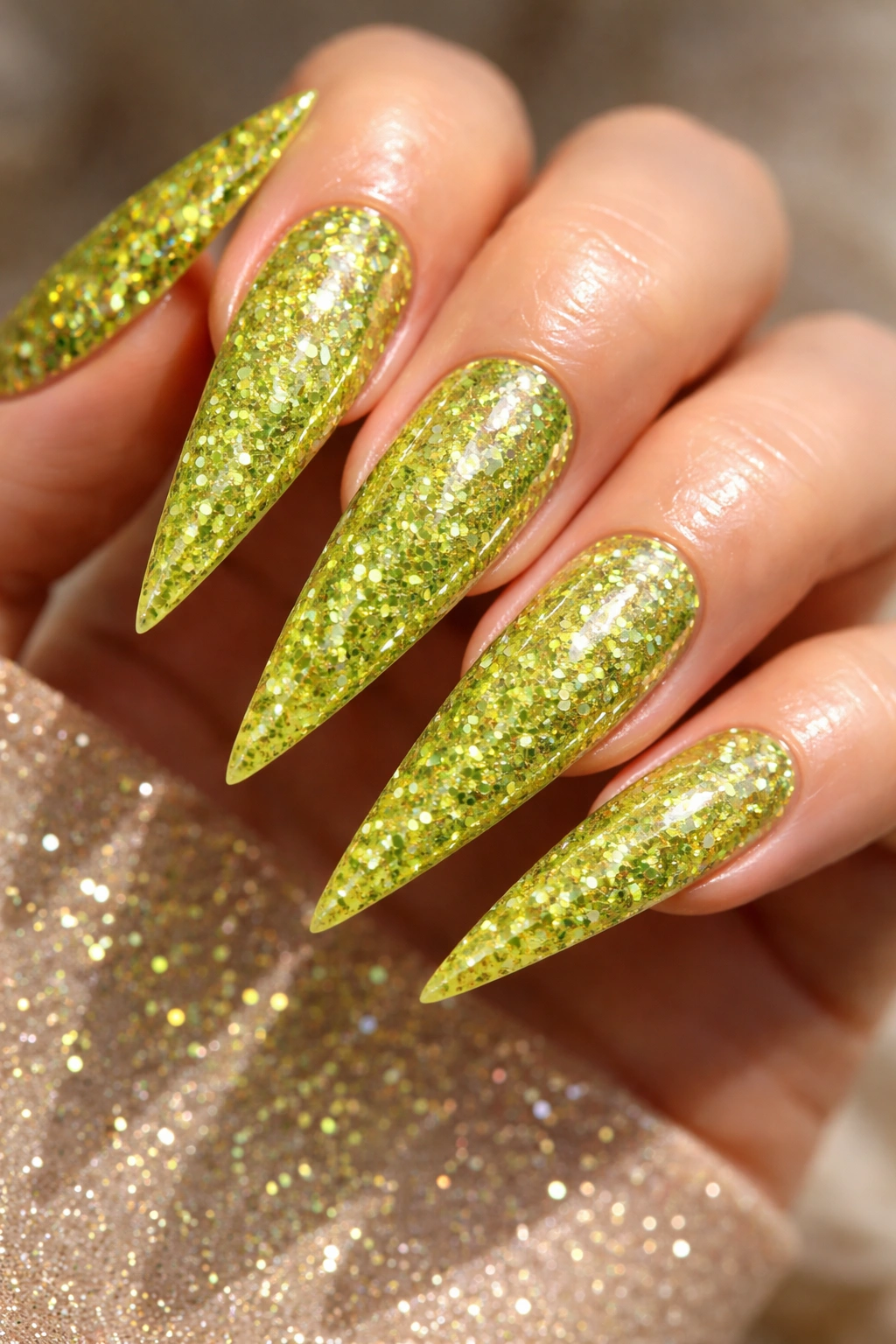 Close-up of glitter-packed lime stilettos nails sparkling under bright light
