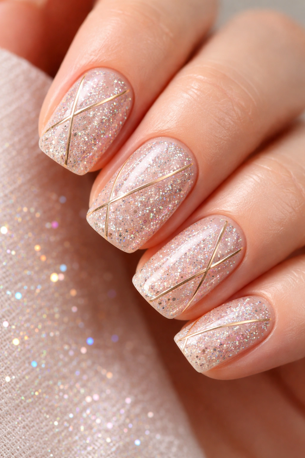 Close-up of short squoval nails with metallic geometric lines and scattered multicolor glitter
