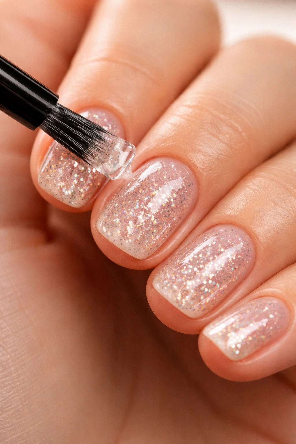 Close-up of short squoval nails with thick glossy topcoat over glitter to prevent chipping