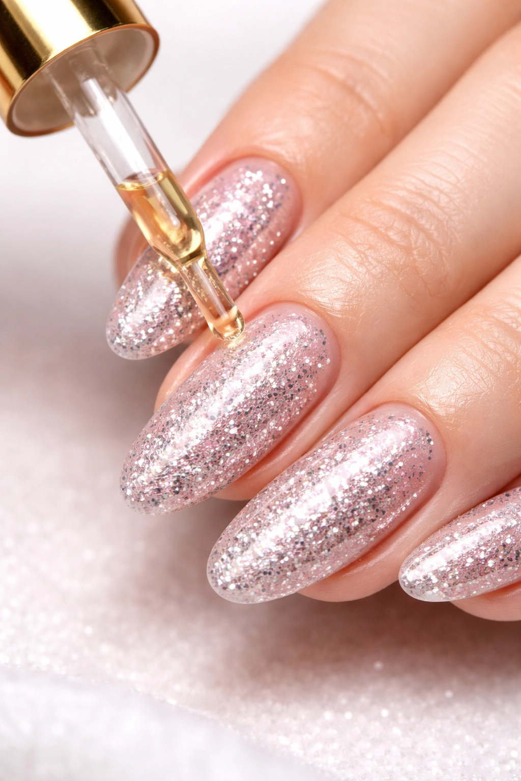 Hand applying cuticle oil to maintain glitter manicure