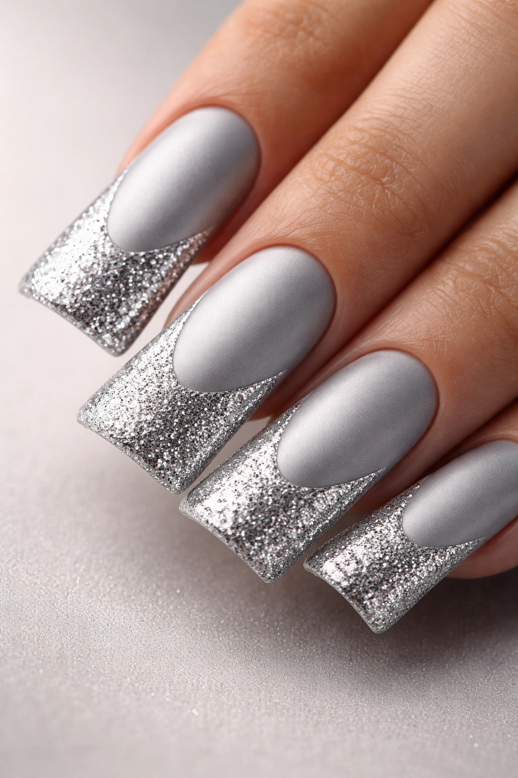 Duck nail with glittery silver and matte silver contrast.
