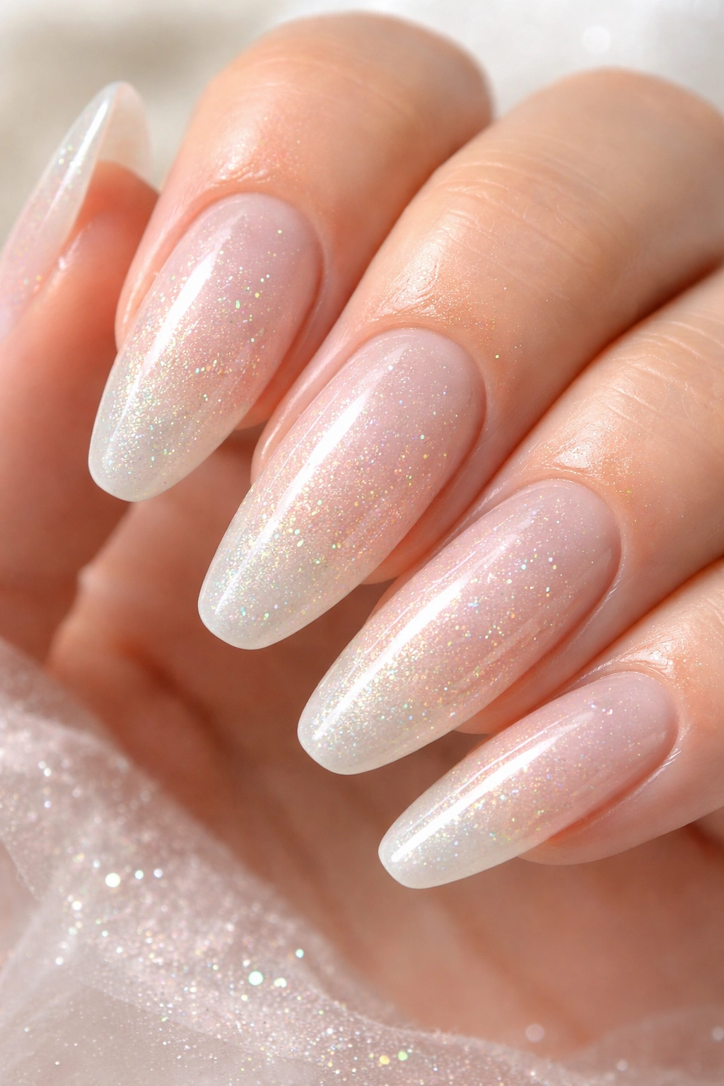 Close-up of milky nails with fine iridescent glitter