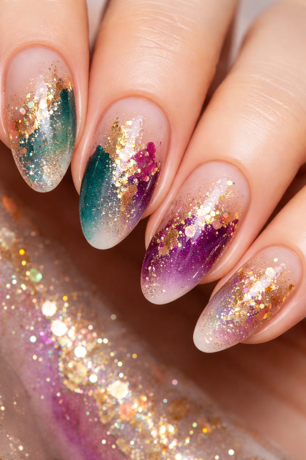 Nails with glitter and shimmer abstract splatter on neutral base