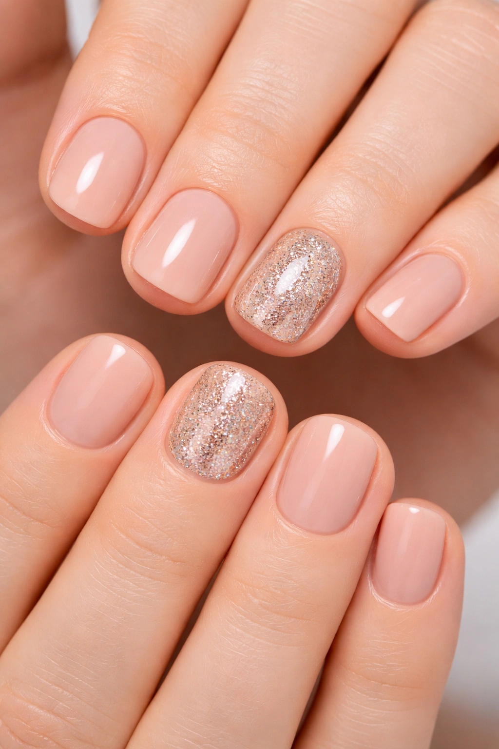 Hand showing glitter accent nails on two fingers with nude nails
