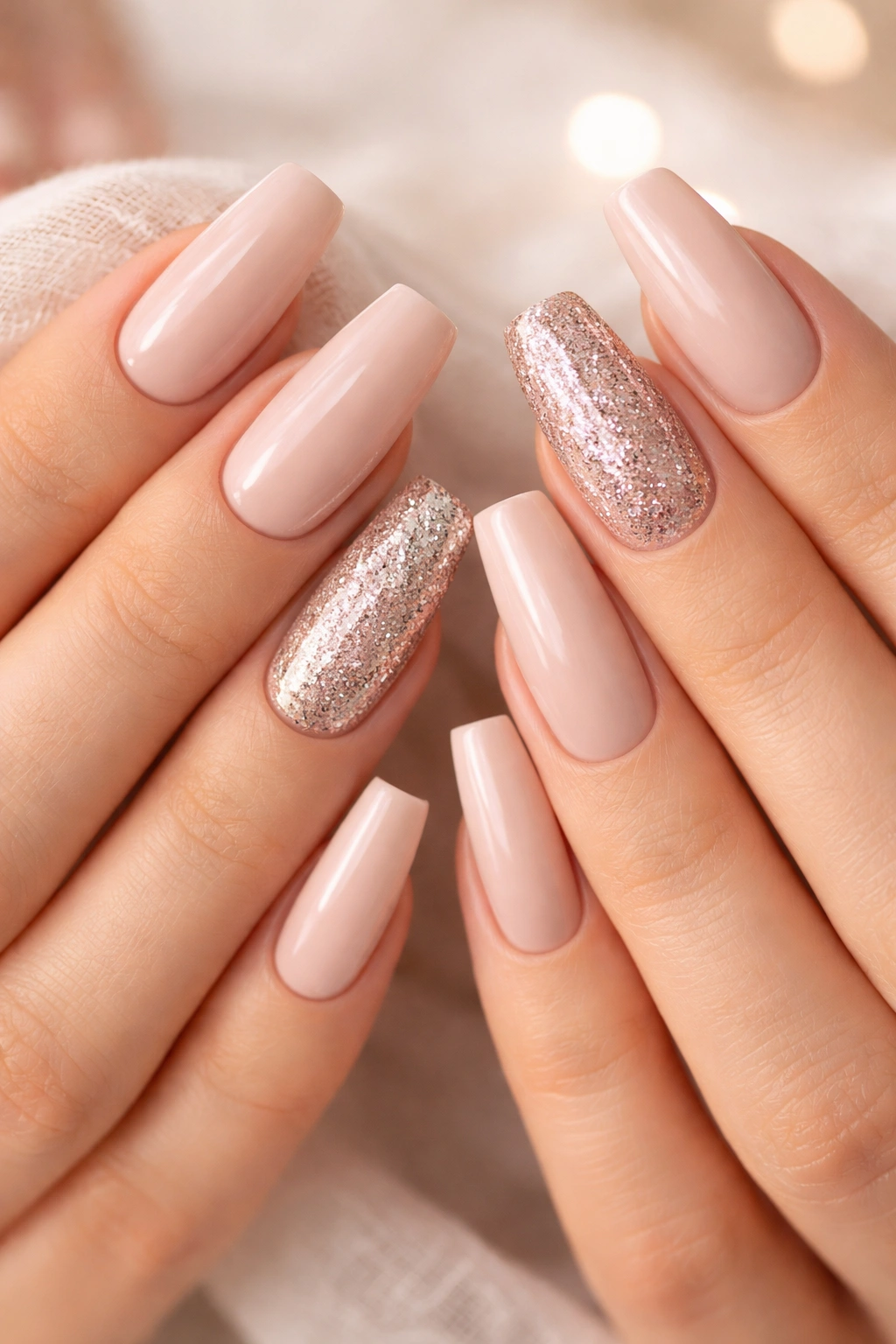 Close-up of coffin nails with glitter accents on ring fingers