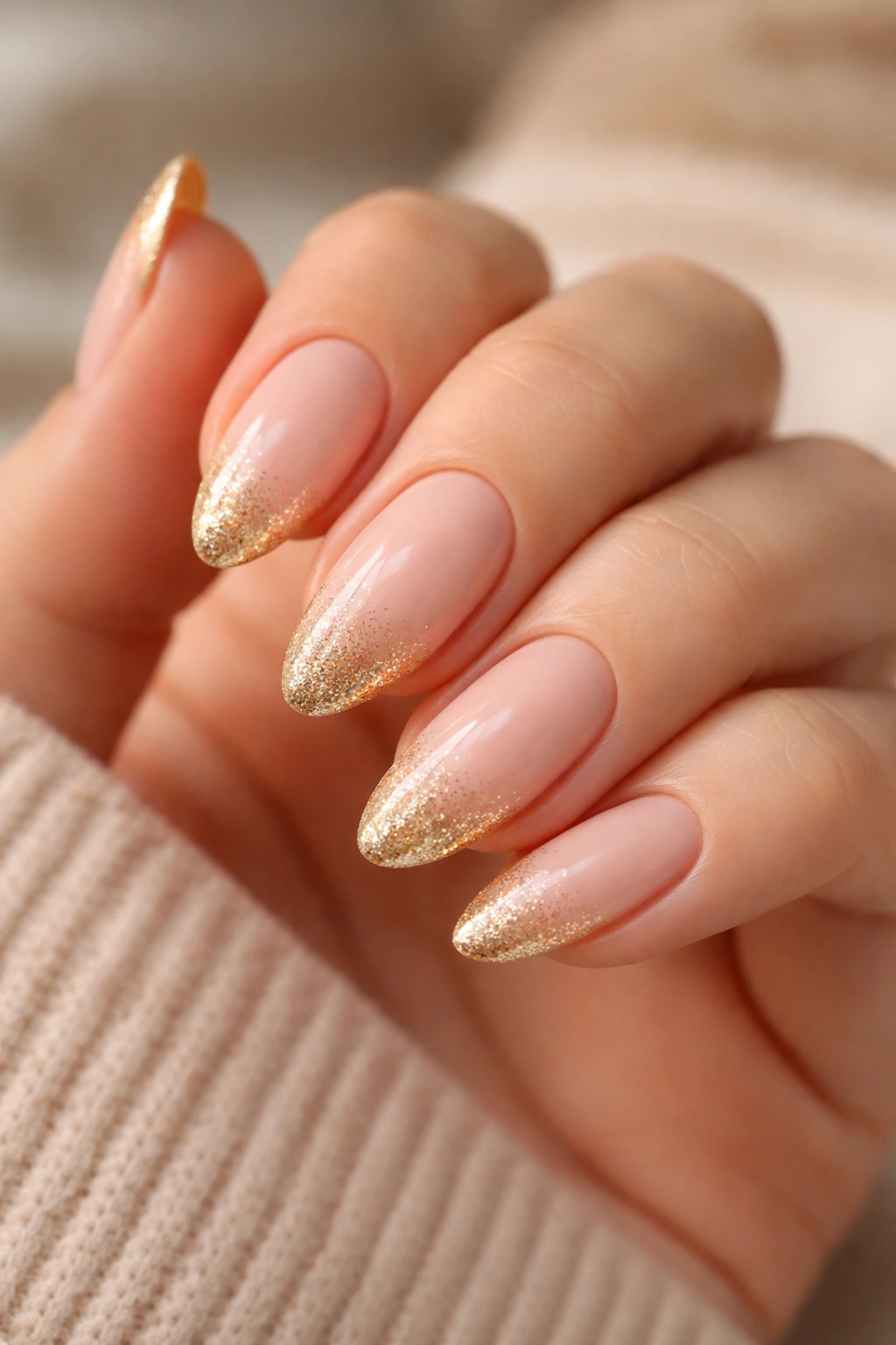 Almond nails with soft nude base and glitter gold tips