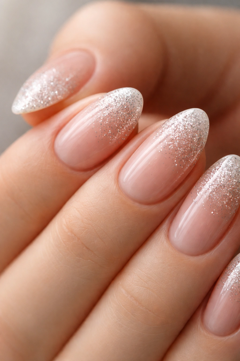Close-up of short almond nail with fine glitter fade near the tip.