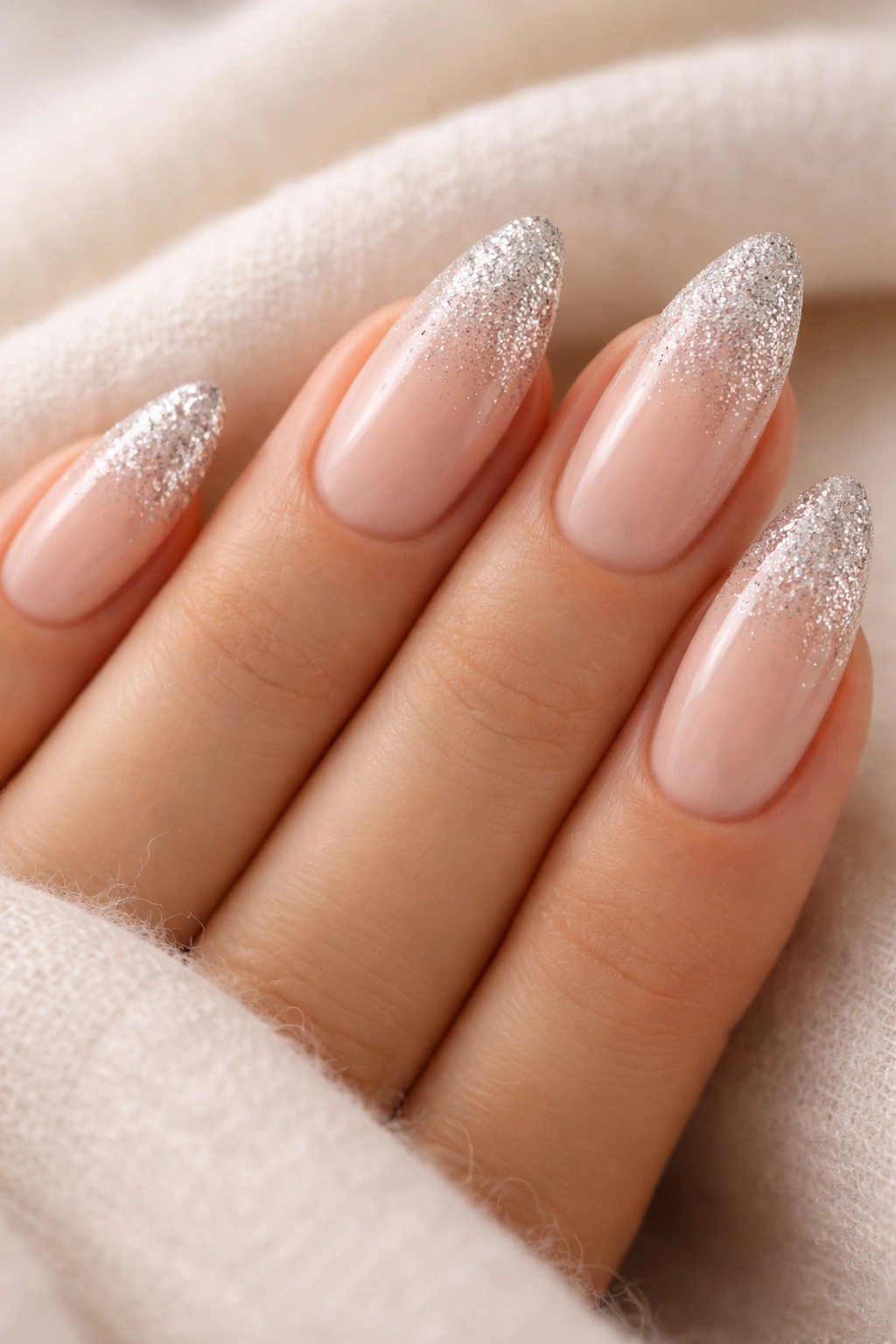 Close-up almond nails with silver glitter fade at tips on nude base