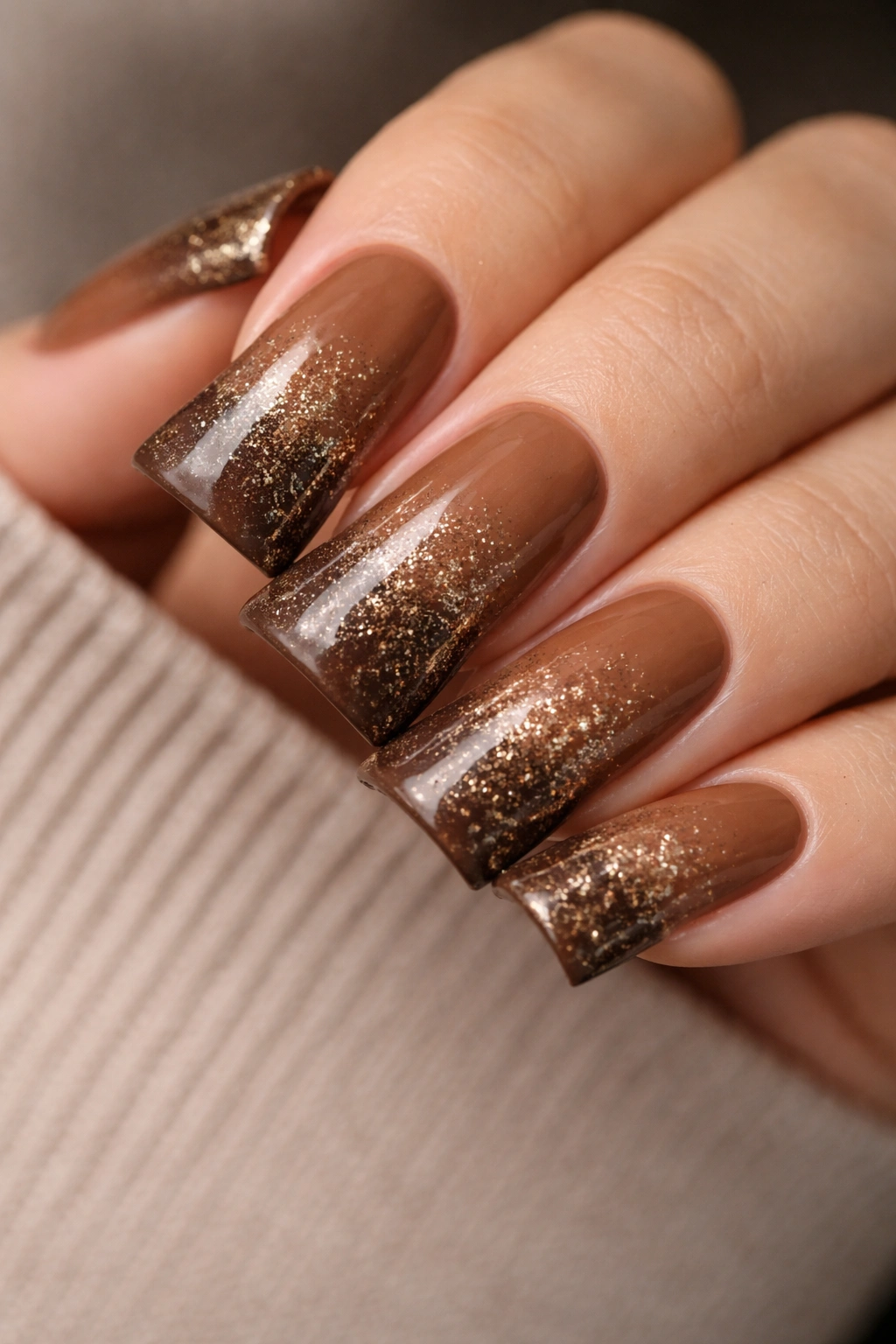 Close-up of brown nails with glitter accents