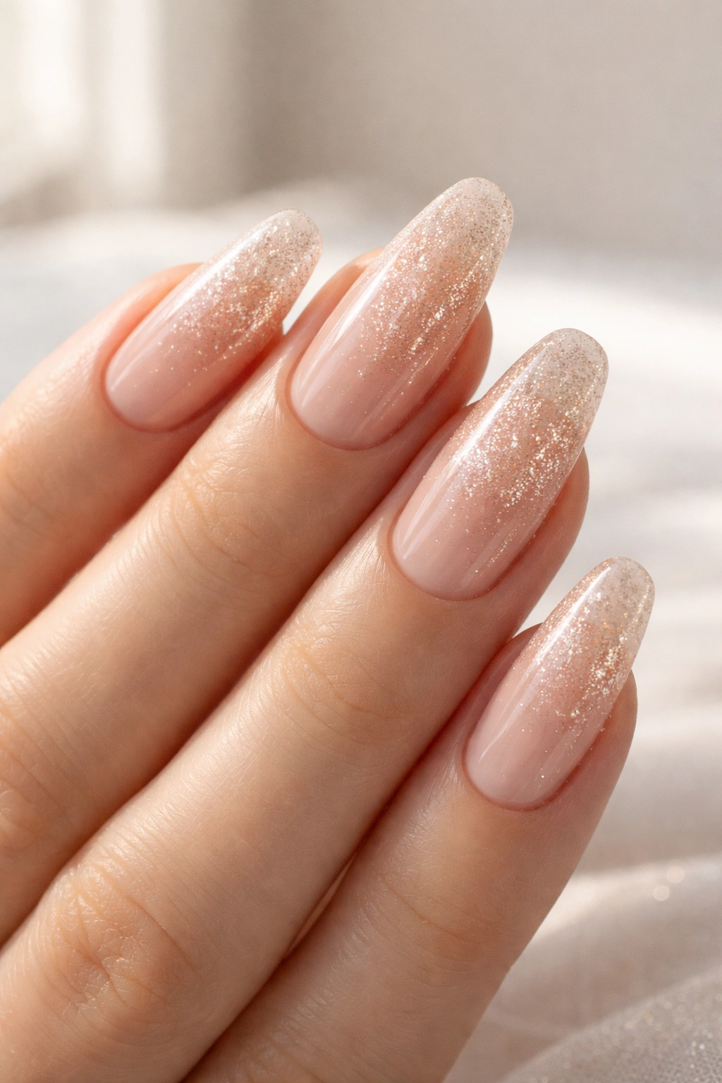 Close-up of champagne bubbles nails with sheer nude acrylic and champagne glitter