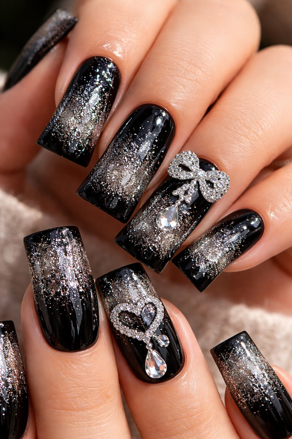 Glitter gradient nails with charms on accent nails