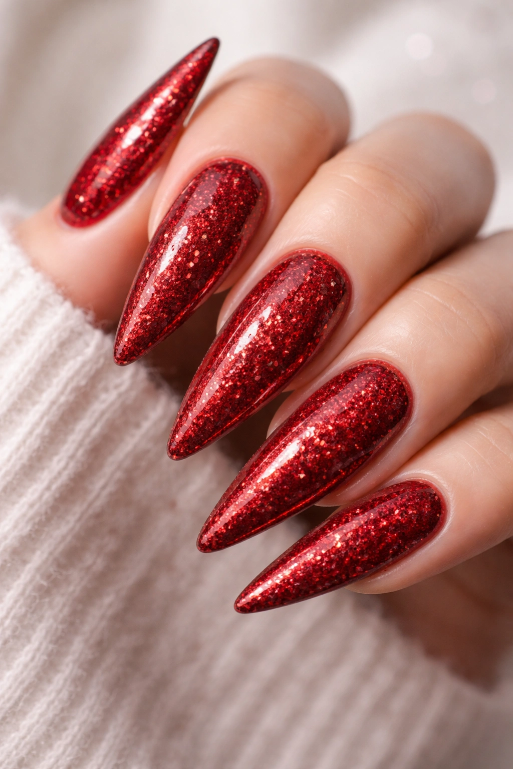 Close-up of cherry red stiletto nails with full glitter coverage