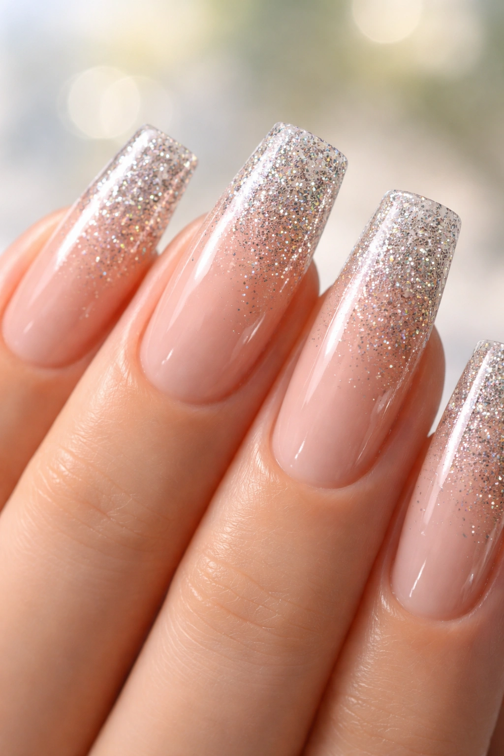Slim duck nails with glitter gradient on a clear base