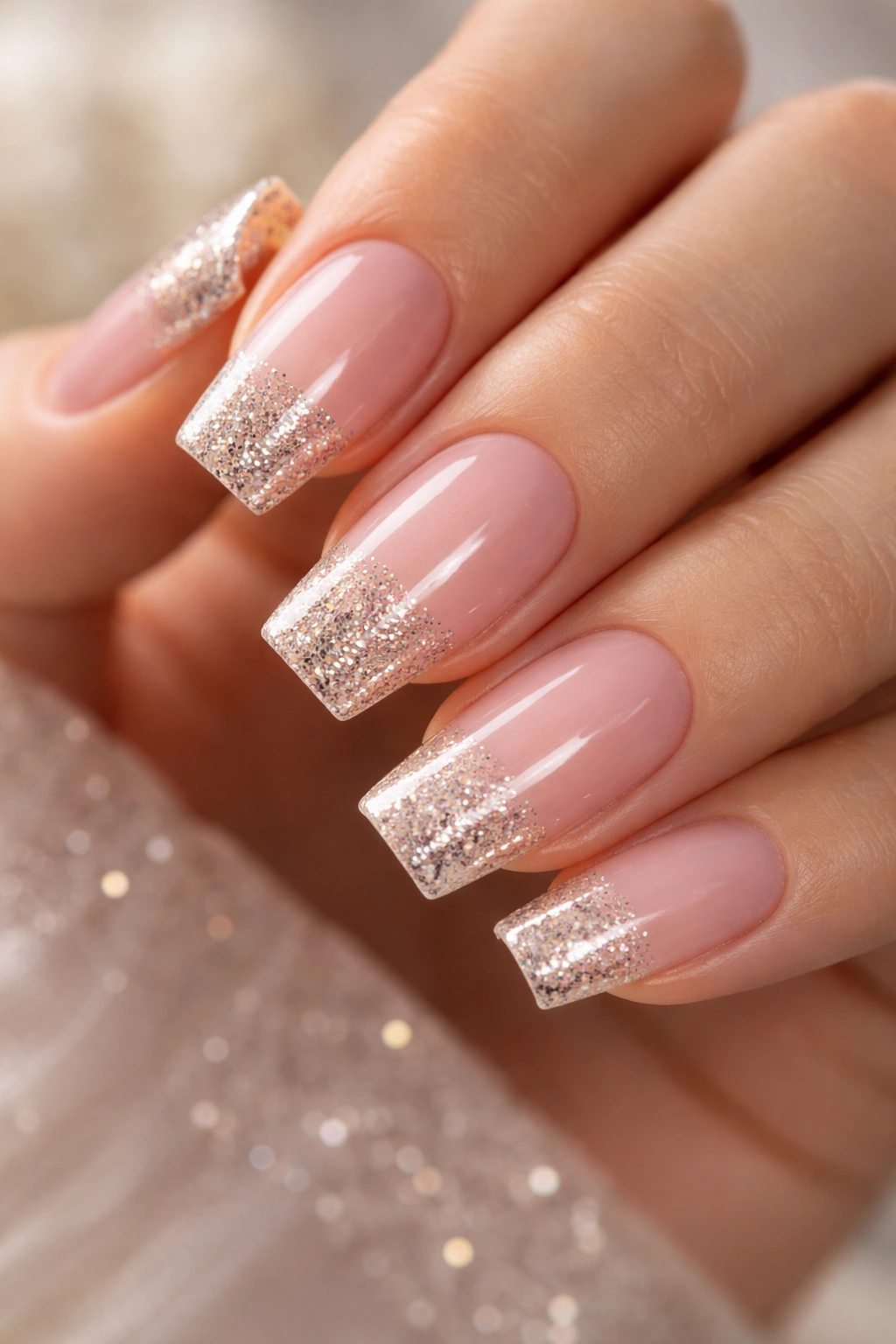 Close-up of glitter-dipped French tips on medium coffin nails