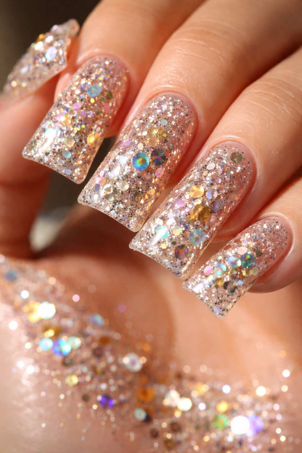 Duck nail with metallic confetti glitter mix on pale base