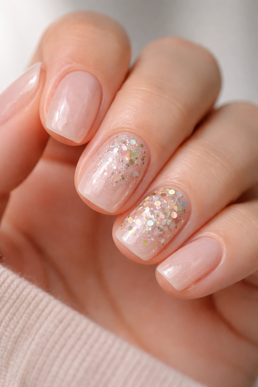 Close-up of nails with sheer shimmer base and confetti glitter accents