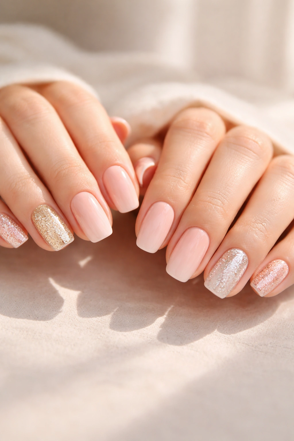 Close-up of hands with nude nails and glitter accents on selected nails for coordinated manicure.