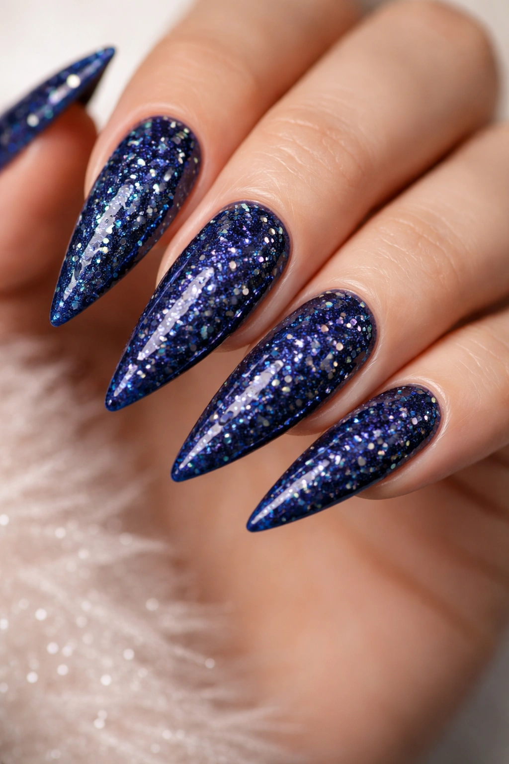 Close-up of dark blue stiletto nails fully covered in glitter.