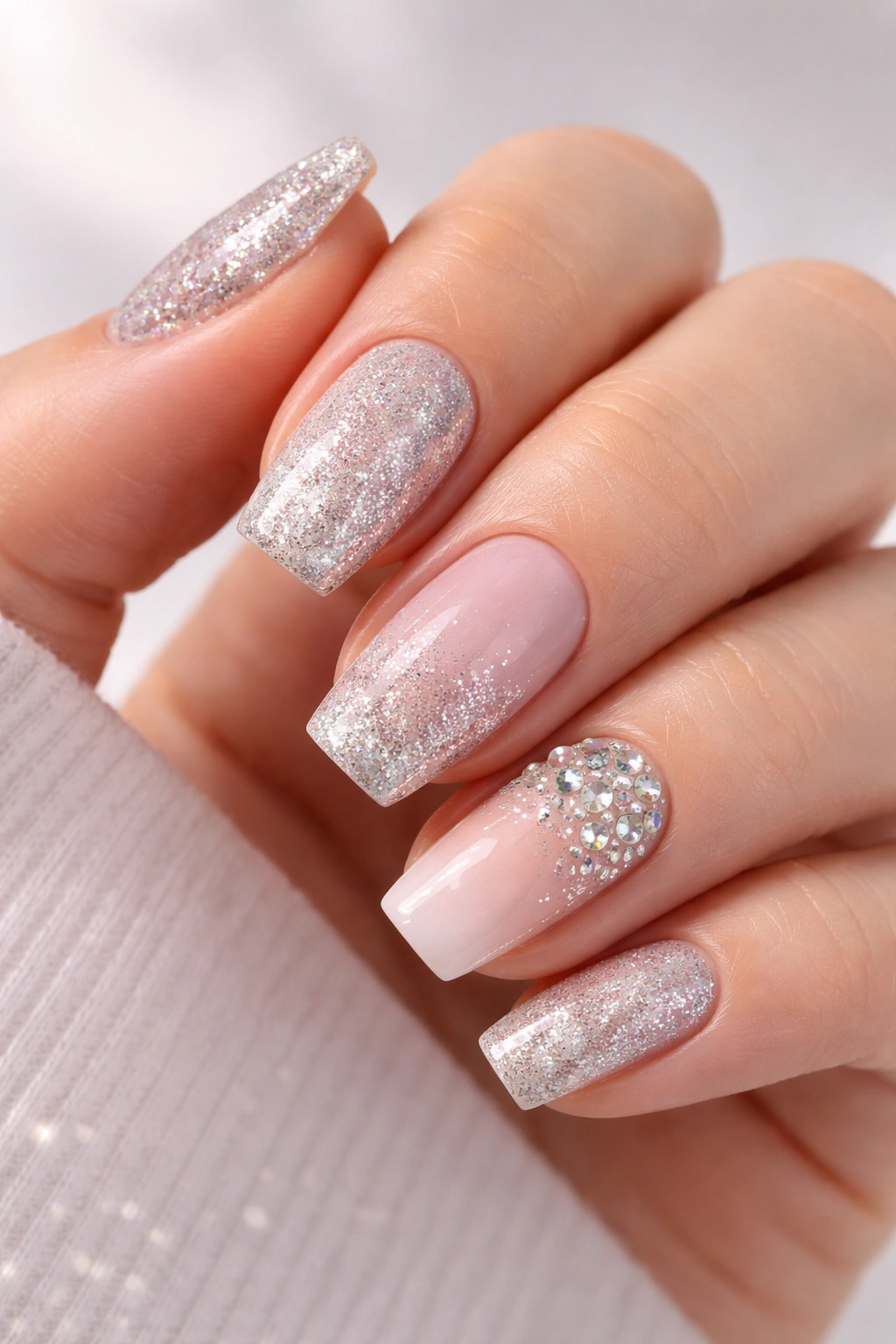 Close-up of hand displaying glitter nail designs with an accent nail and ombre glitter tips