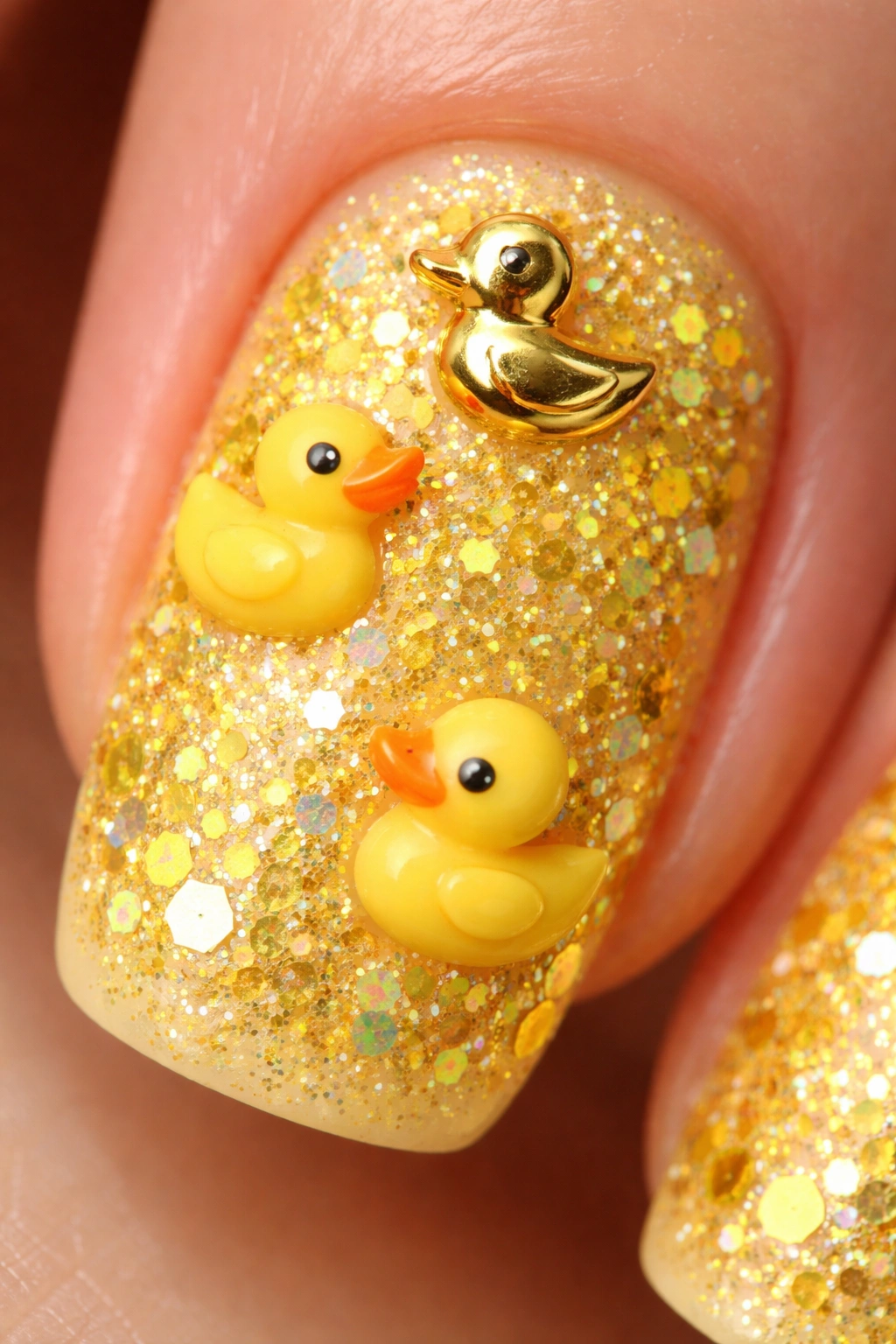 Close-up of yellow glitter nail with metallic duck embellishments catching light