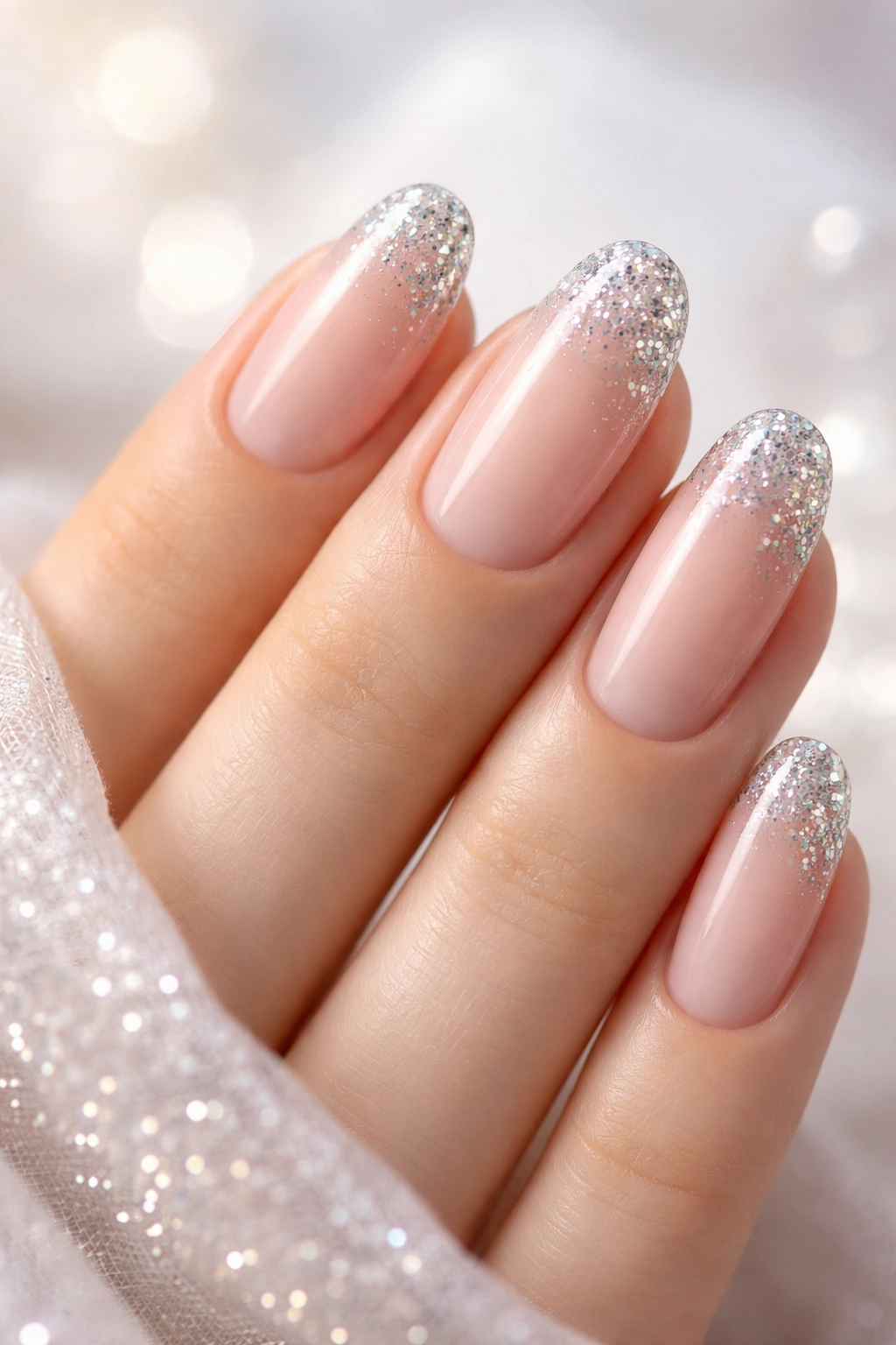 Close-up of hand with glitter-tipped nails