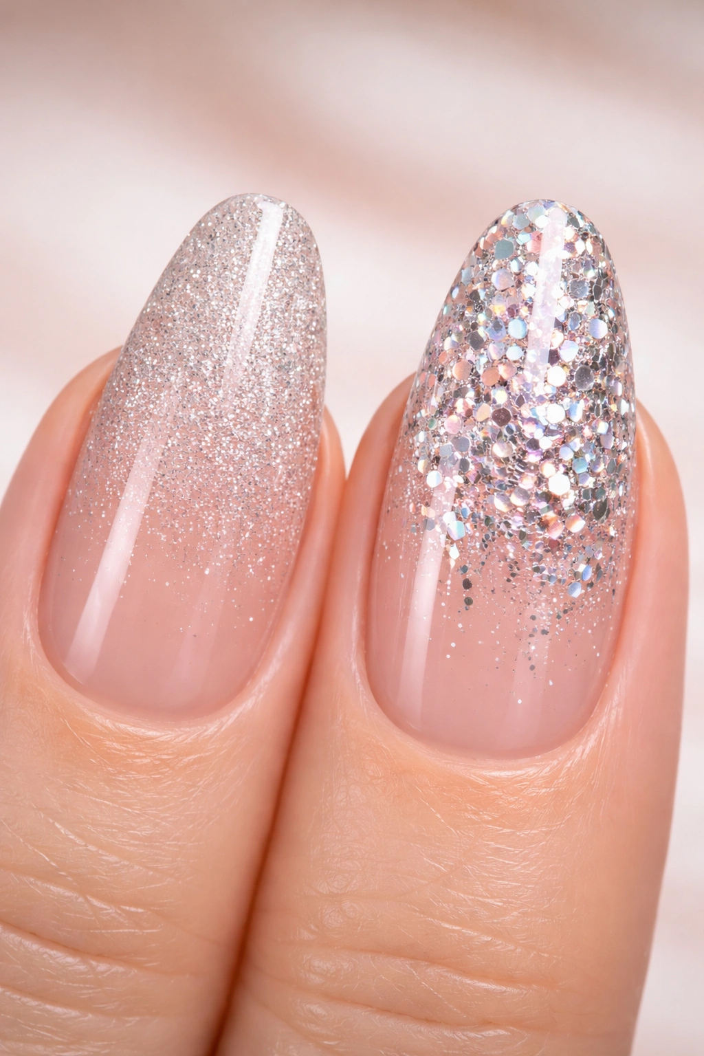 Close-up of nails showing fine glitter vs chunky glitter on clear acrylic