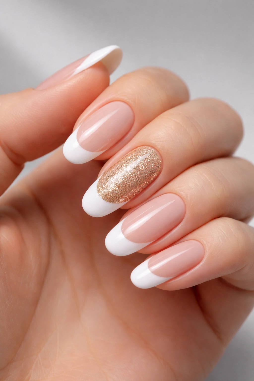 Close-up of long round nails with a gold glitter accent on one nail and white French tips.