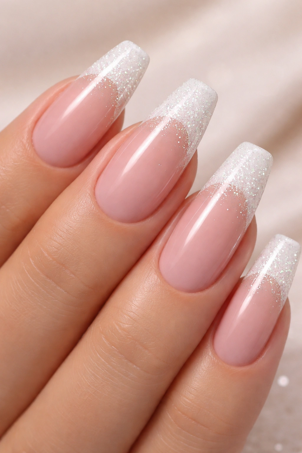 Close-up of white glitter French tip manicure on a nude pink base, sparkling tips