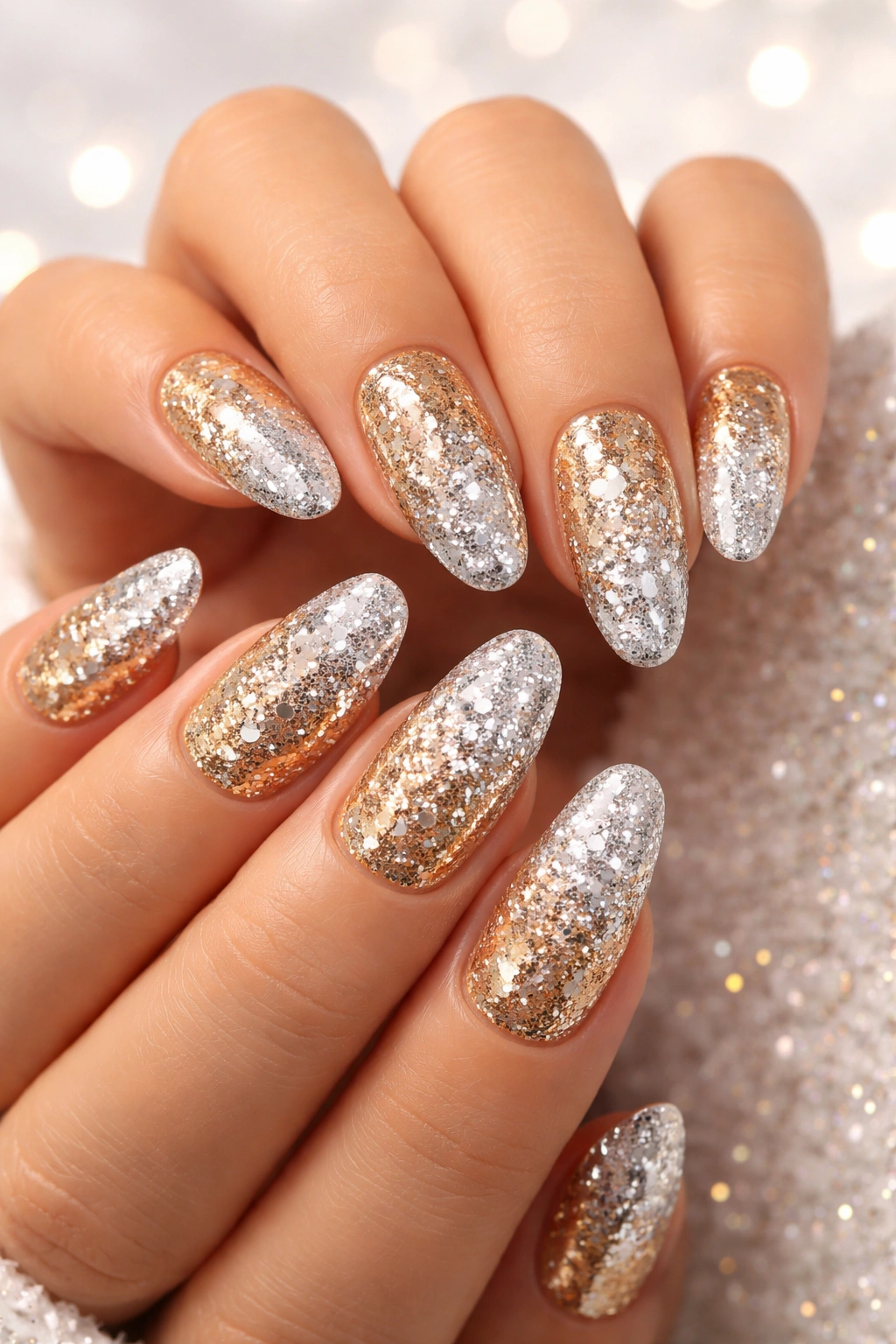 Glitter gradient nails from gold to silver with chunky glitter accents
