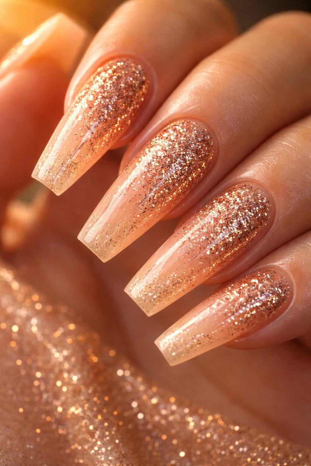 Glitter gradient nails with gold and rose-gold sparkles