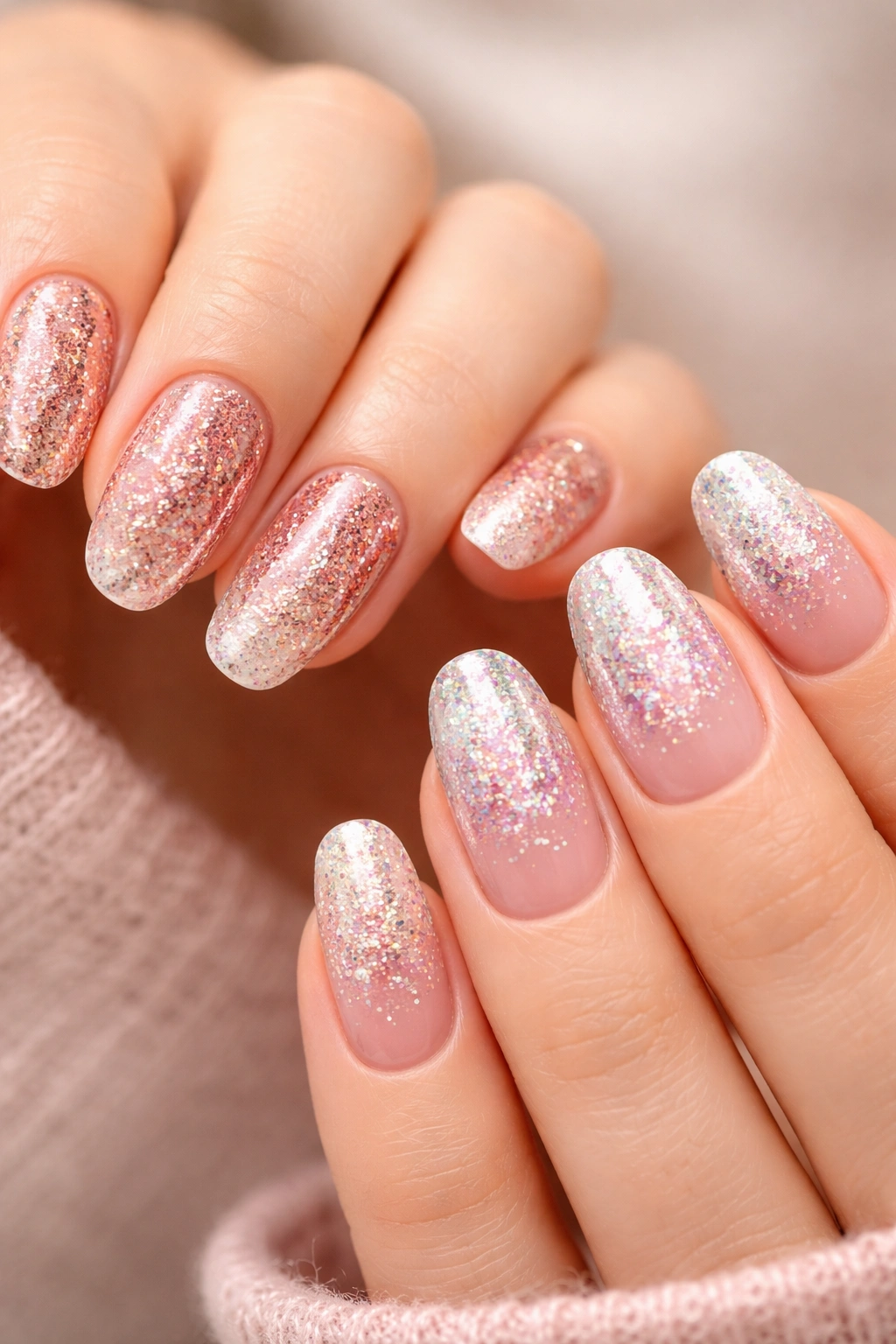 Close-up of two hands showing glitter gradient nails in coordinating directions and colors