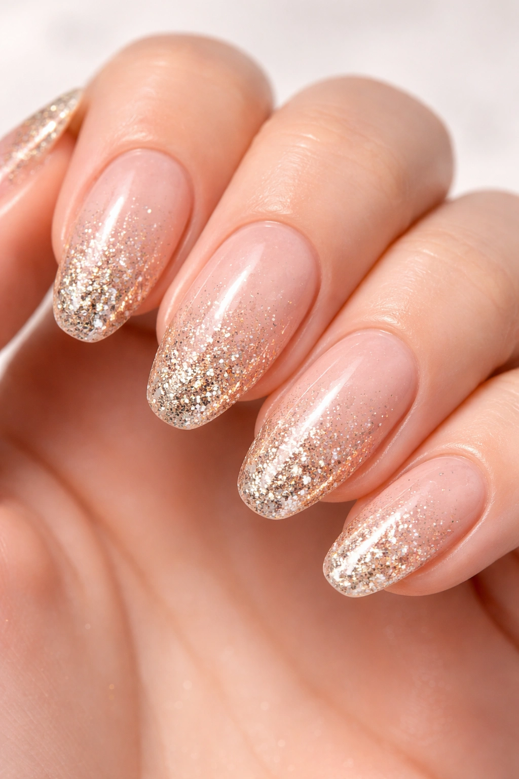 Nude nails with fine glitter gradient at tips