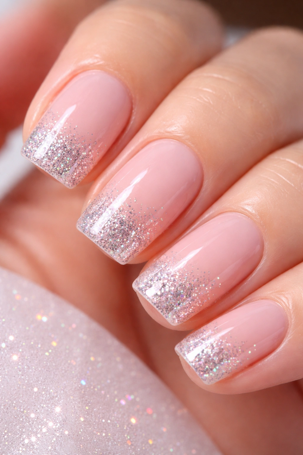 Nails with glitter gradient tips on pink base