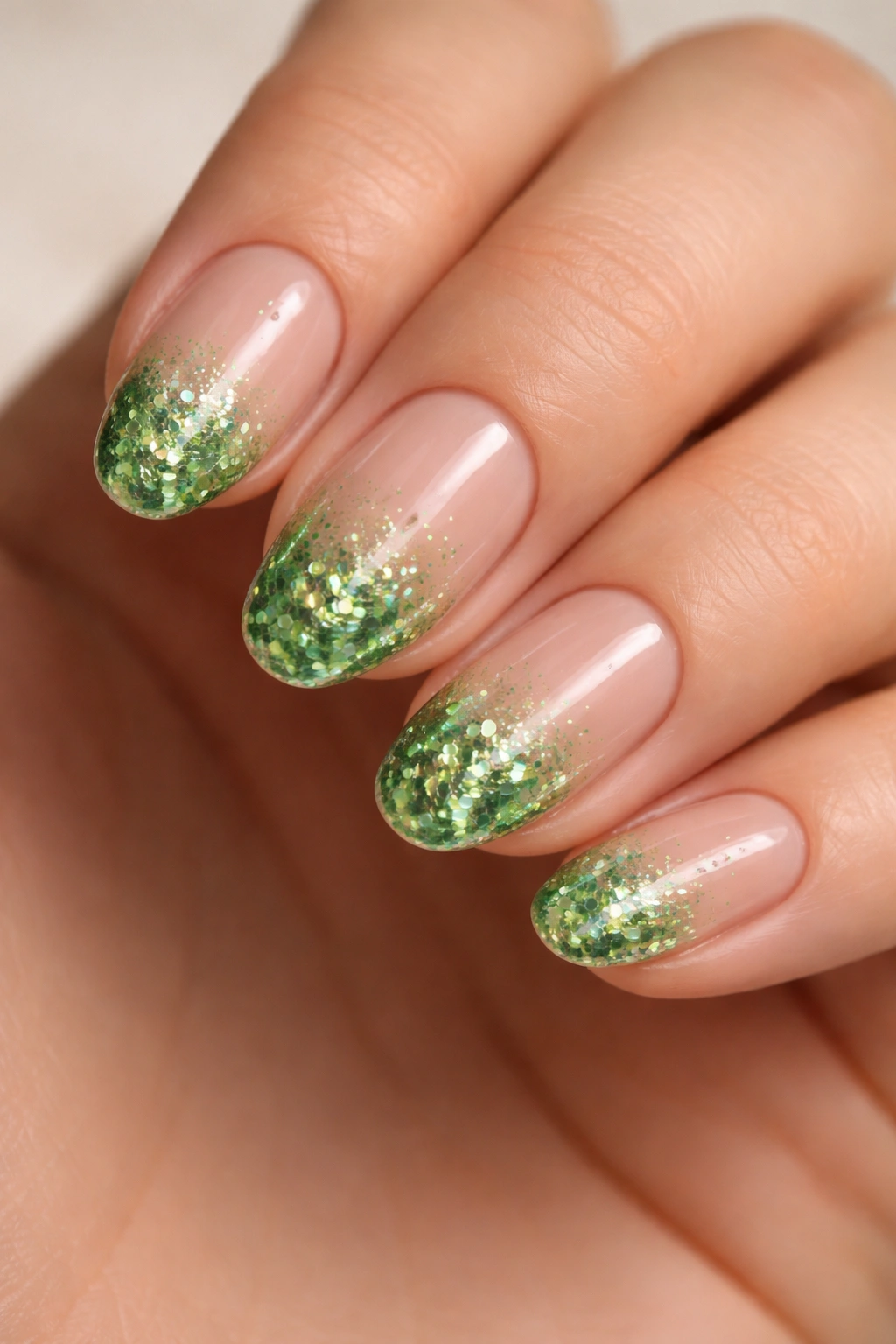 Close-up of short almond nails with chunky green glitter tips on clear base