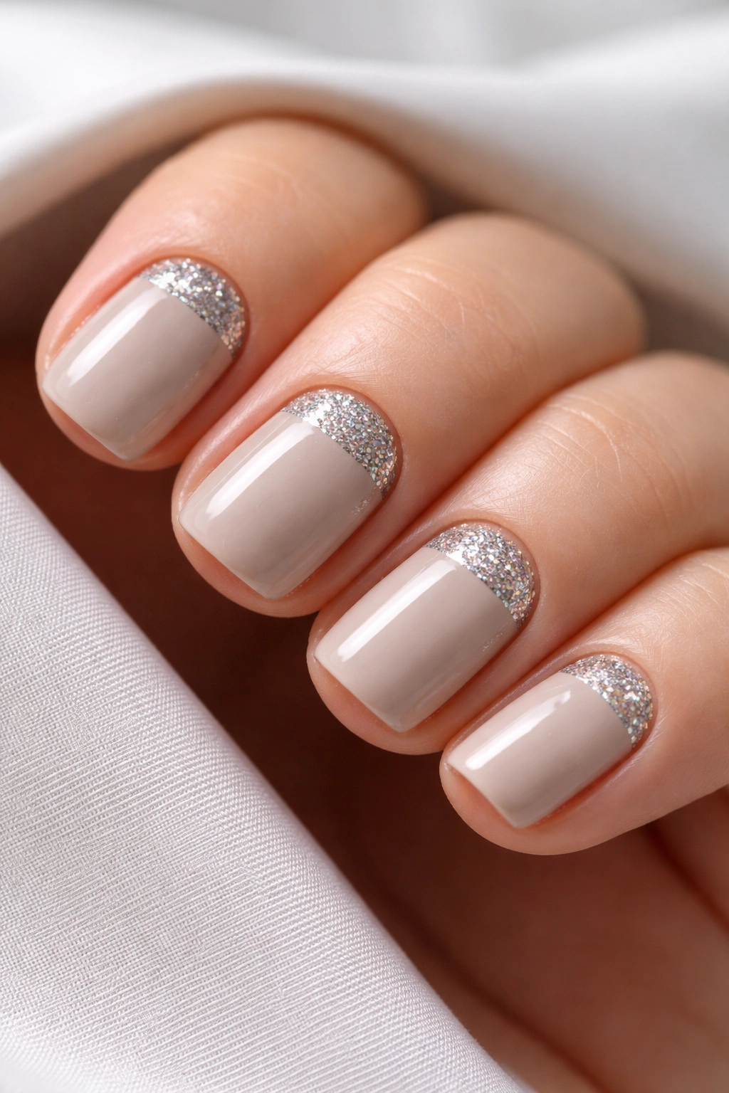 Nails with a glitter-filled half-moon at the base on a neutral base