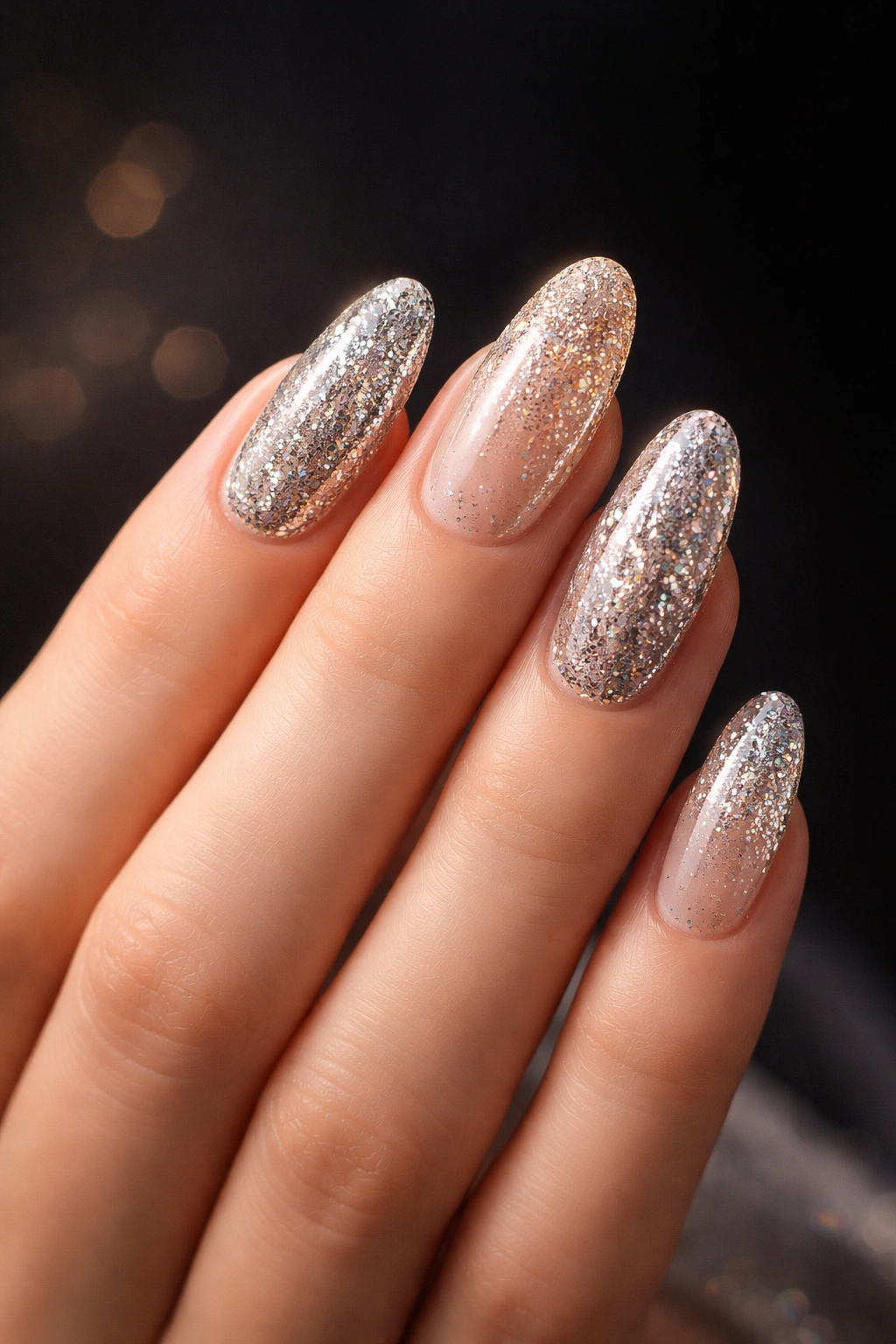 Close-up of a hand with glitter nails on a dark background, showcasing festive nail art for New Year's Eve with no text