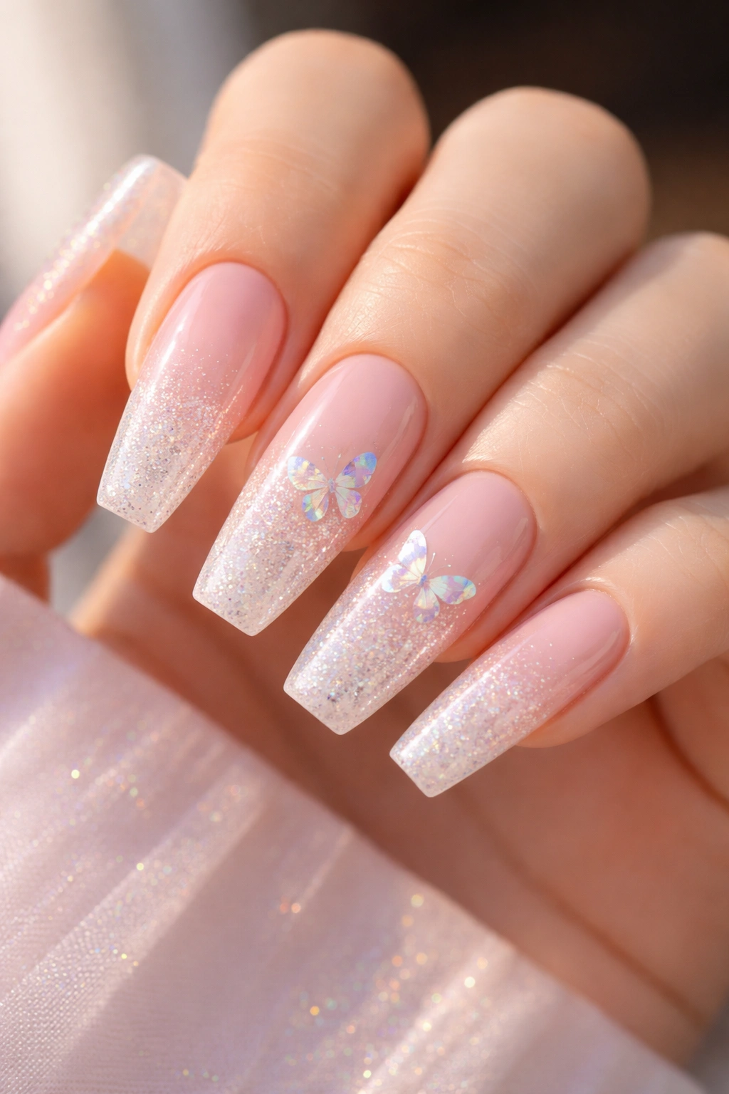 Nails with pink-to-clear glitter fade and holographic butterfly decals