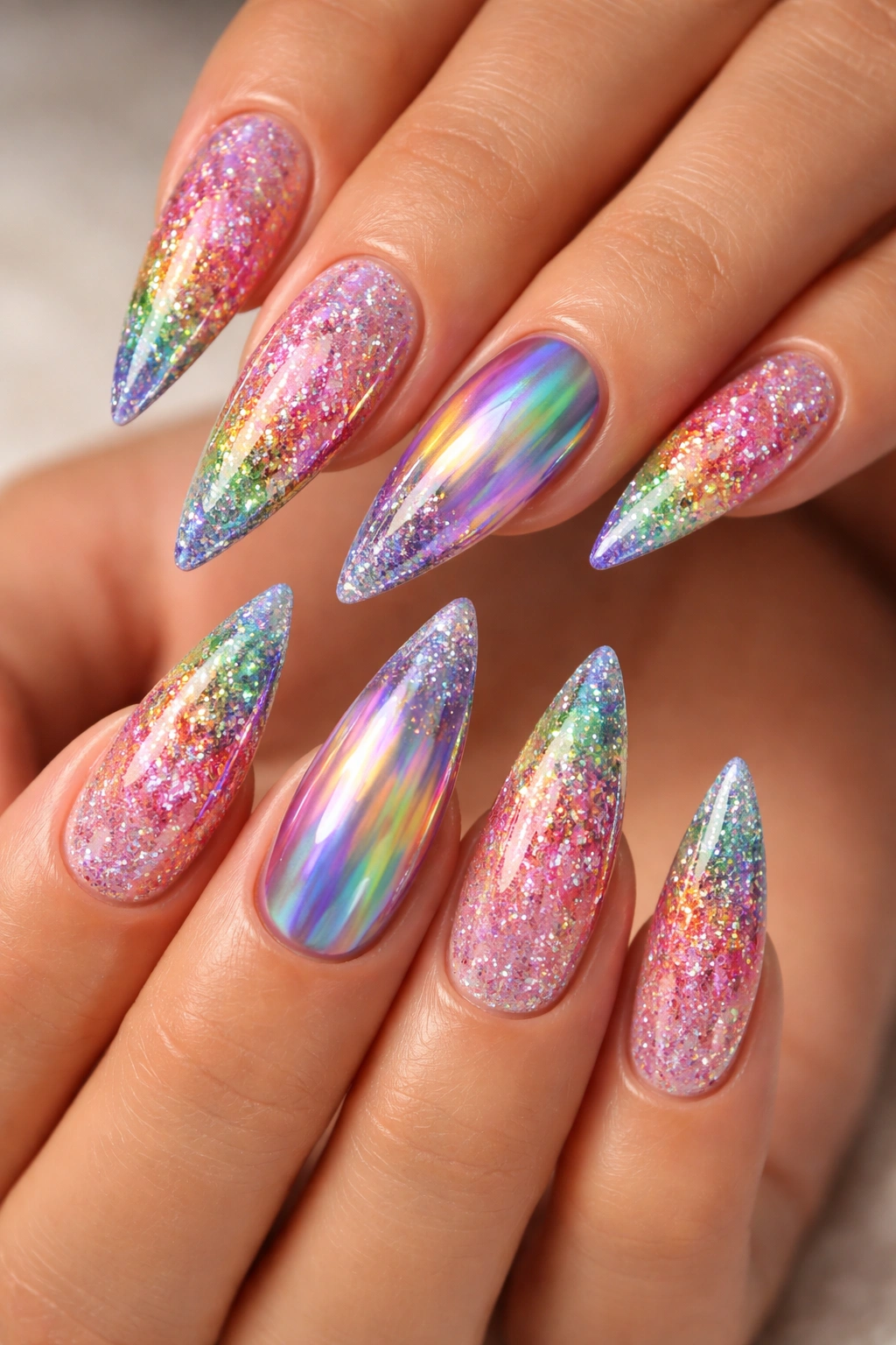 Close-up of stiletto nails with rainbow glitter and holographic chrome accents on a neutral background