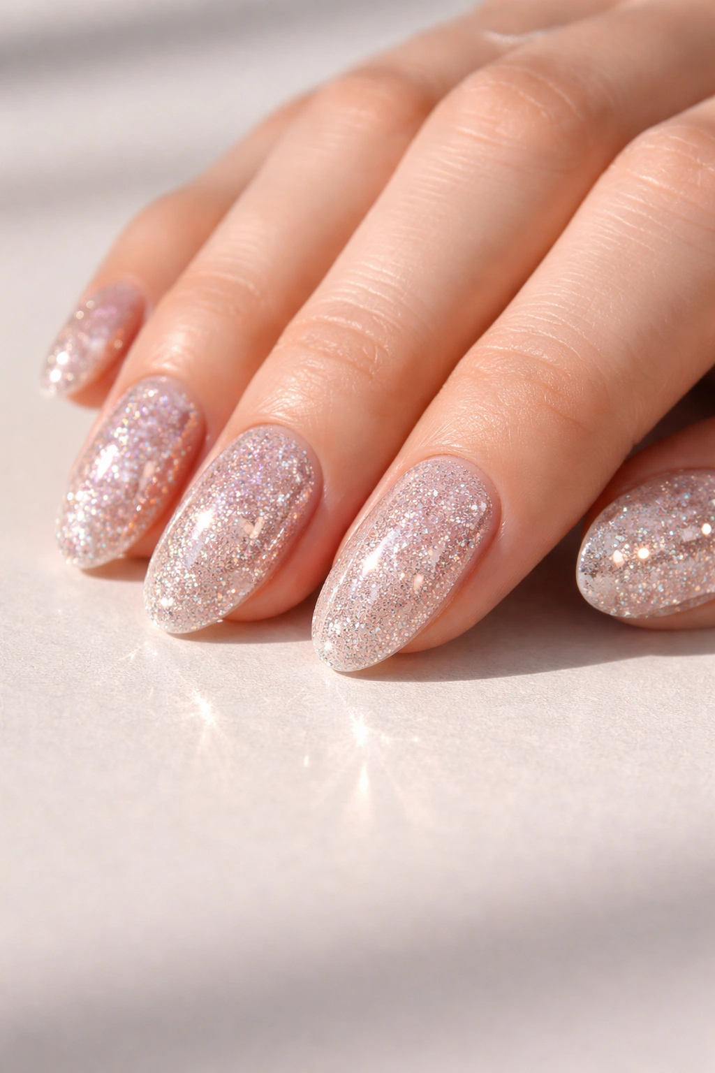 Close-up of a hand with glitter nails resting on a neutral surface