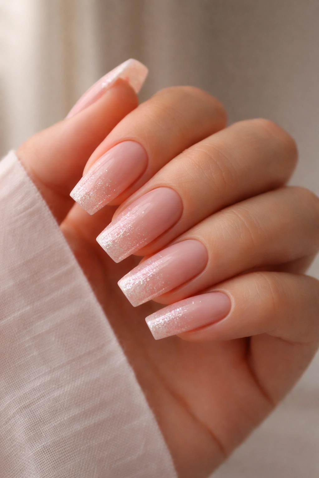 Close-up of light pink coffin nails with subtle glitter gradient at the tips
