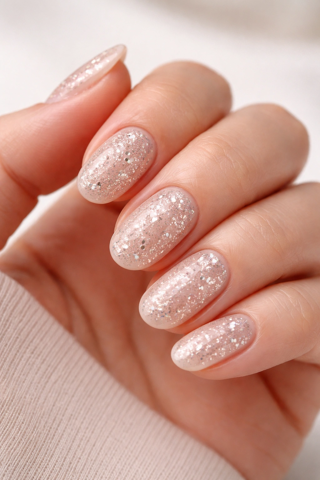 Close-up of short oval nails with champagne-pink glitter and tiny rhinestones