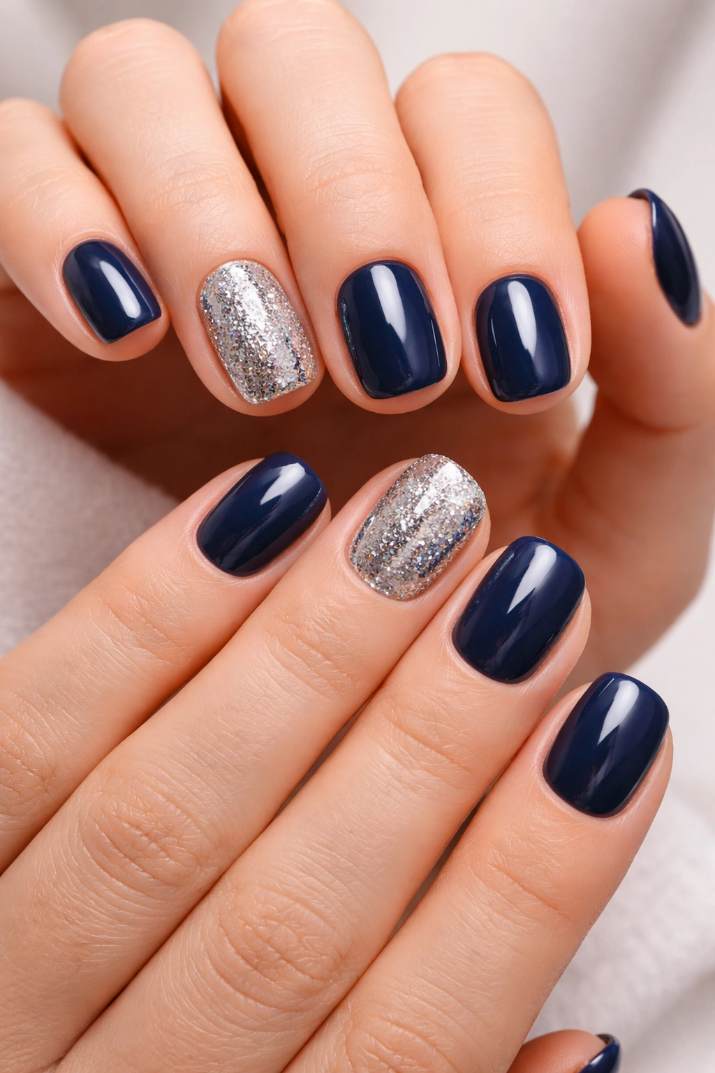 Navy nails with glitter accents on ring fingers on both hands.