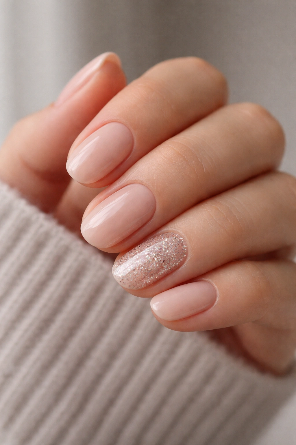 Close-up of short oval nails with a single glitter accent on the ring finger over a nude base