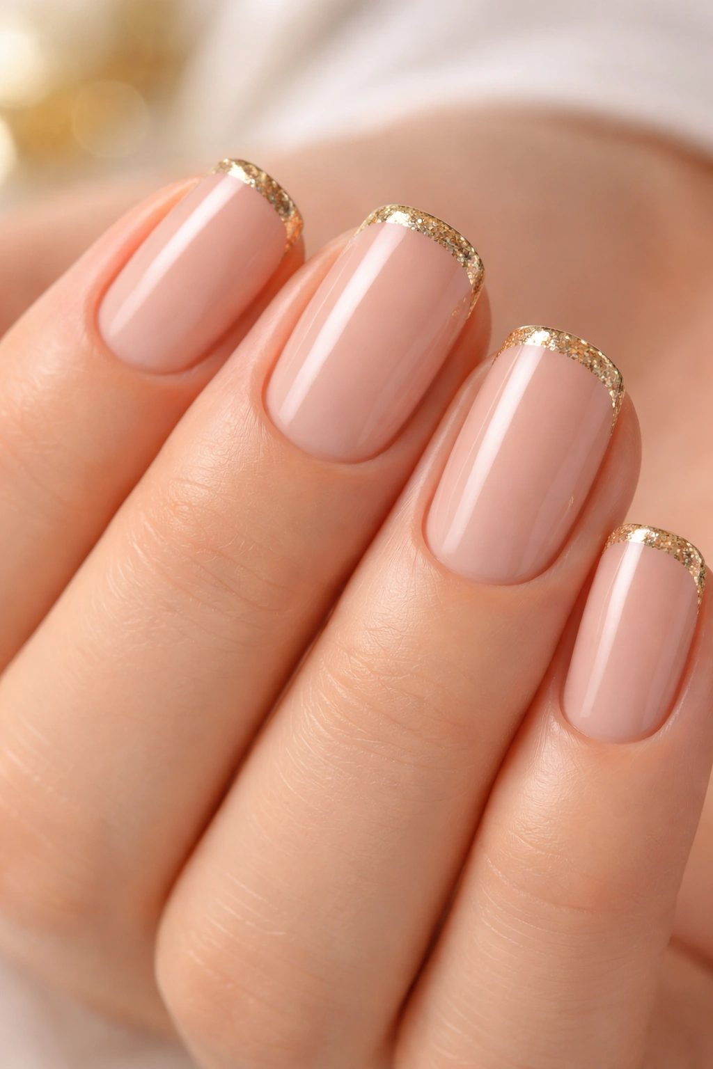 Close-up of short squoval nails with nude base and gold glitter French tips