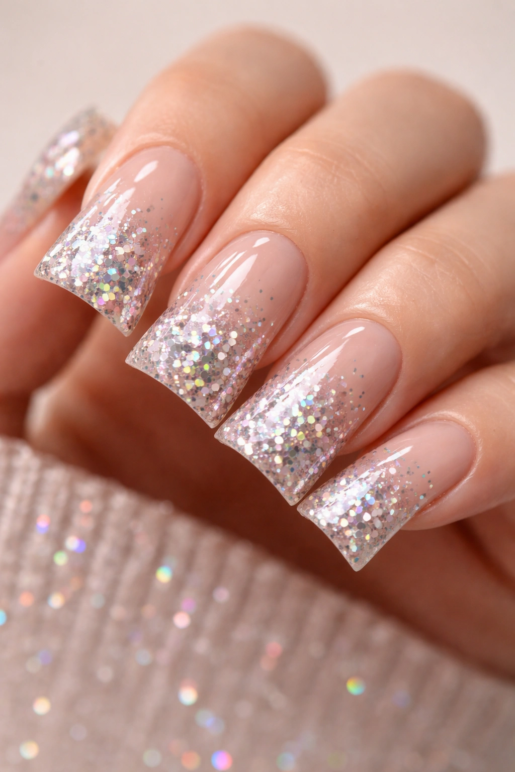 Close-up of duck nails with nude base and chunky holographic glitter