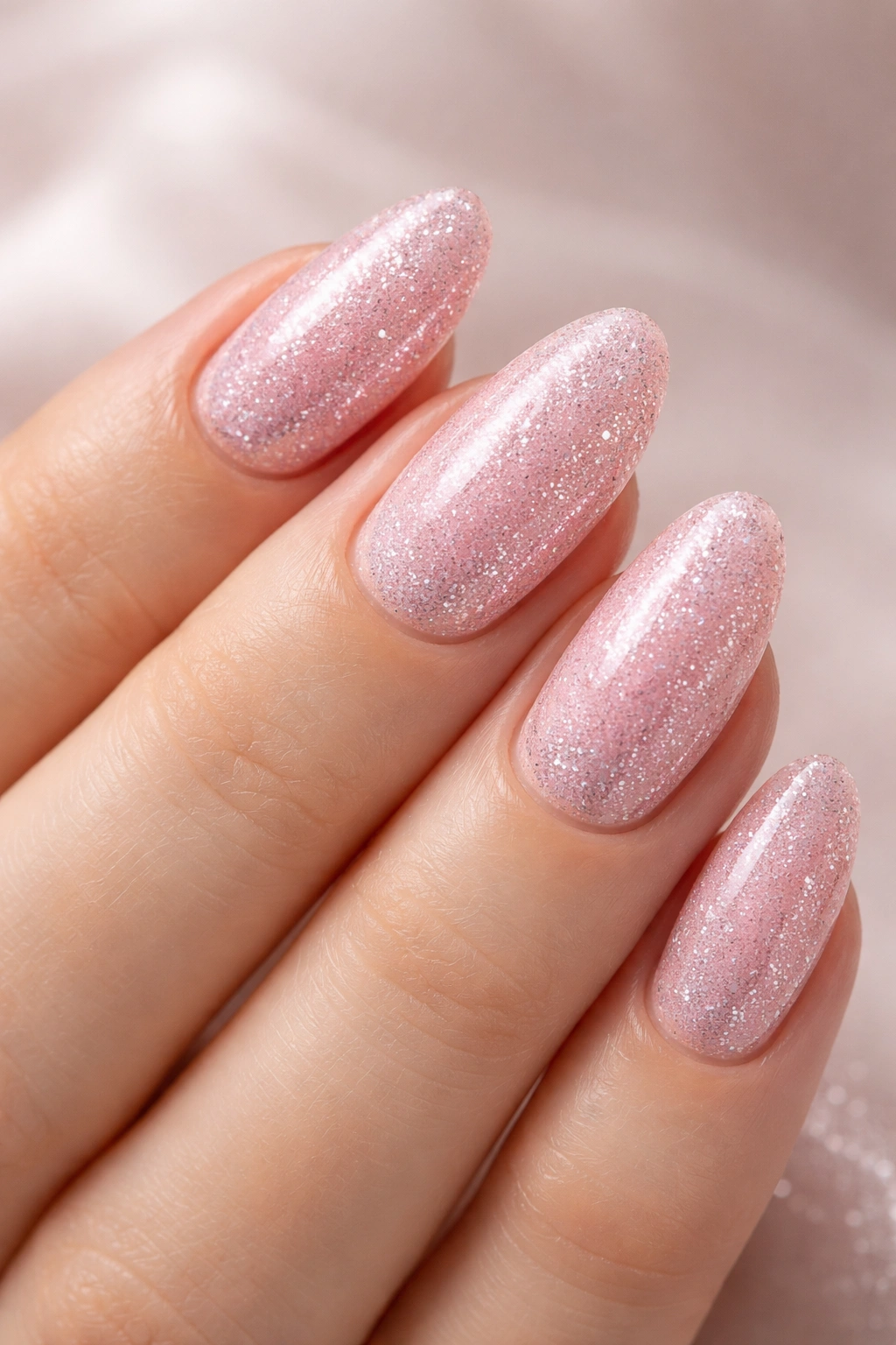 Close-up of short pink glitter almond nails with clean cuticles and glossy sparkle