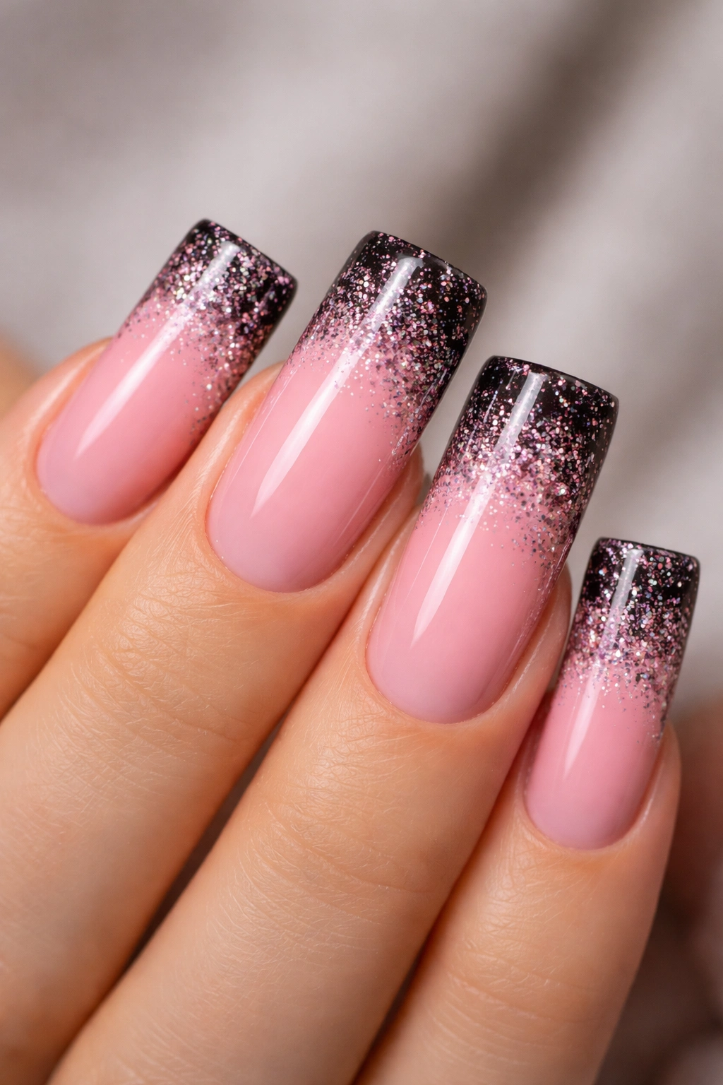 Duck nails with pink base and glitter tips